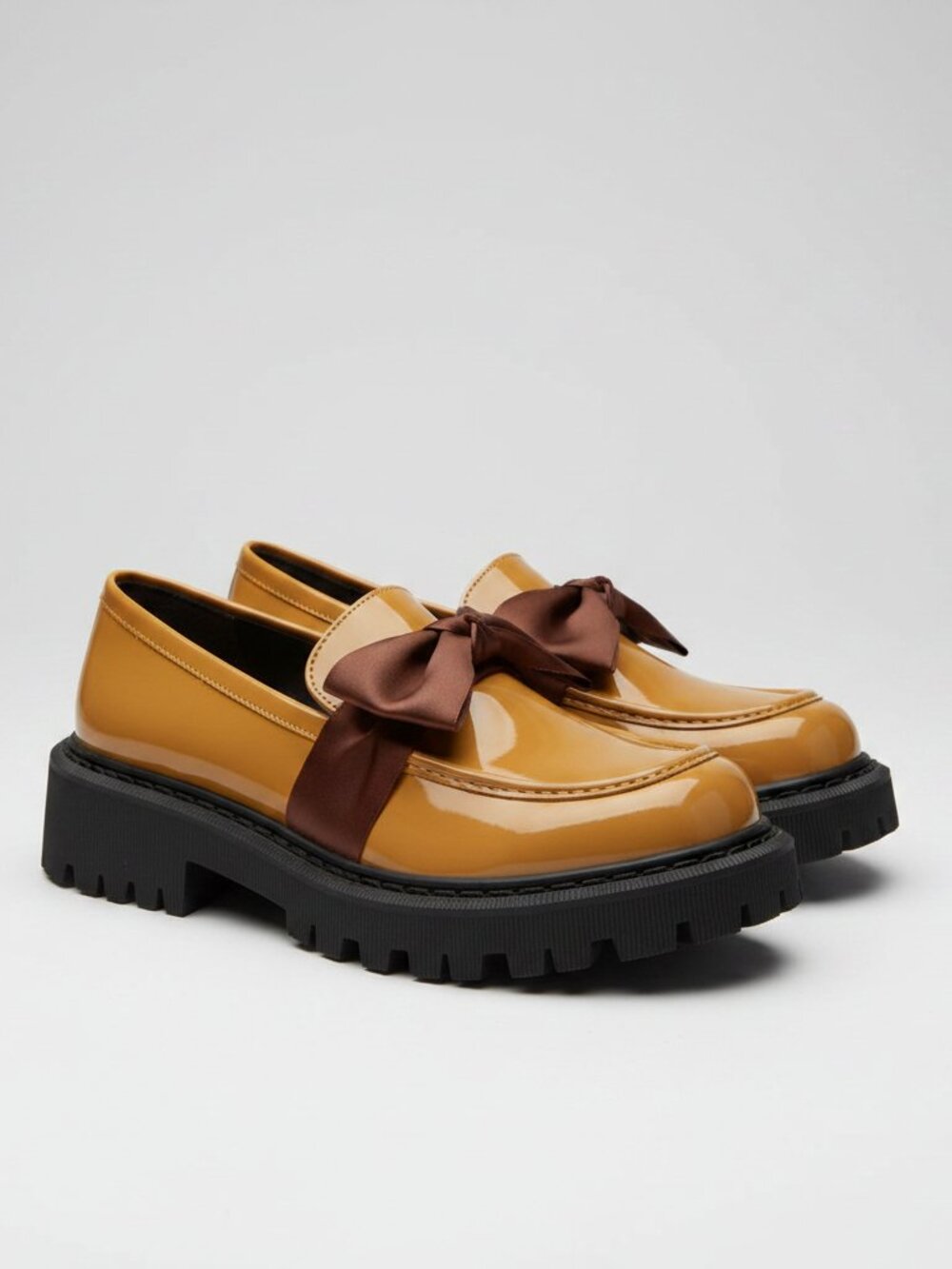 Chunky Platform Bowknot Loafers Patent Tan Brown Lug Sole Size 42